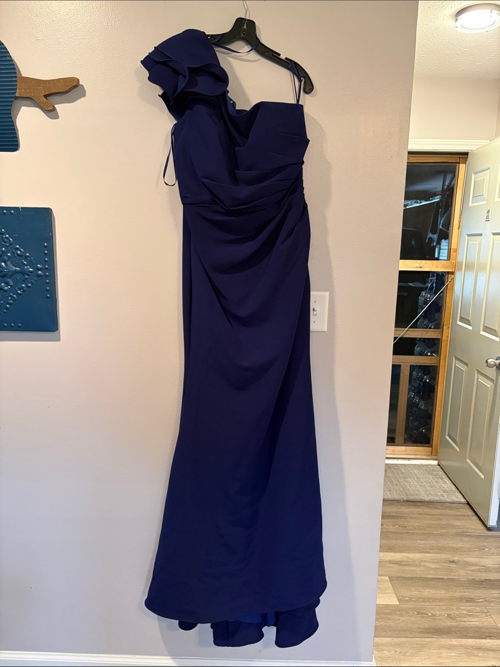 Sapphire One-Shoulder Evening Gown with Ruffle Detail